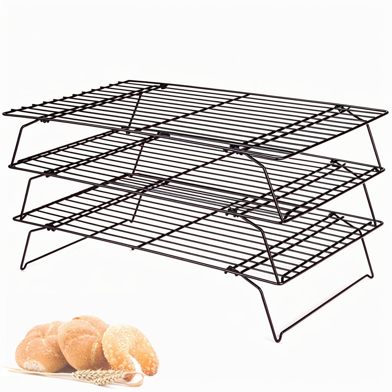 Lifhety 3 Tier Cooling Rack for Baking, 40×25cm Kitchen Baking Accessories, Non Stick Wire Cake Racks for Muffin, Pizza and Grilling, Compatible with Bakeware Oven Tray