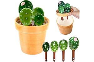 BIGNOSEDEER Ceramic Cactus Measuring Spoons set in pot organizer, 5 Pieces cute measuring cups and spoons set for kitchen dry wet measuring Liquid food salt and sugar kawaii Small Cacti Spoon with base cup