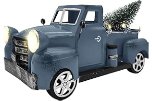 Fleecy day Christmas Truck Decor with Lamp,Vintage Blue Truck Gift Metal Small Cute Farm Car Decor with Handcrafted Christmas Tree Decor Metal Car Gift Boxes Pickup Truck Model(Blue)