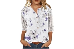 WJDNHKYD 3/4 Length Sleeve Womens Tops 2024 Floral Print Vintage Casual Loose with Round Neck Plus Size Shirts