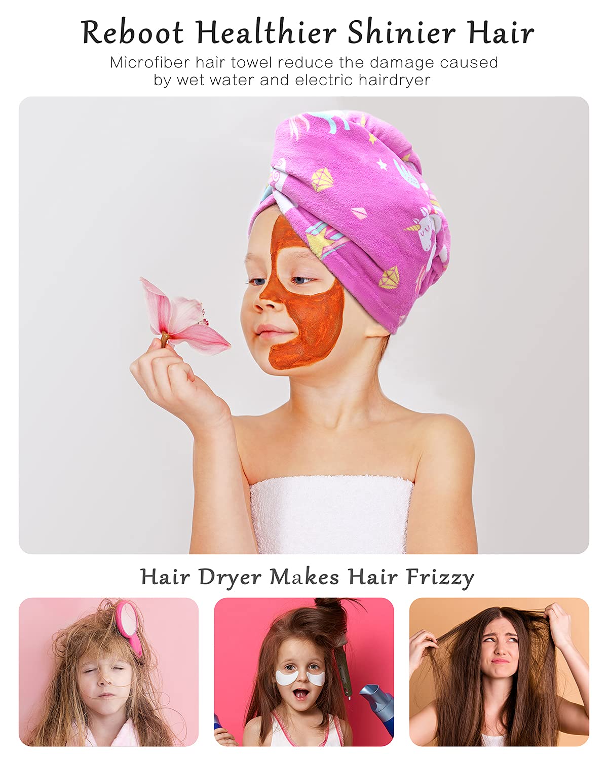 Microfiber Hair Towel, 2Pack Hair Drying Towel Unicorn Hair Towel Quick Dry Turban Towel Hair Wrap for Kids Girls Women : Beauty