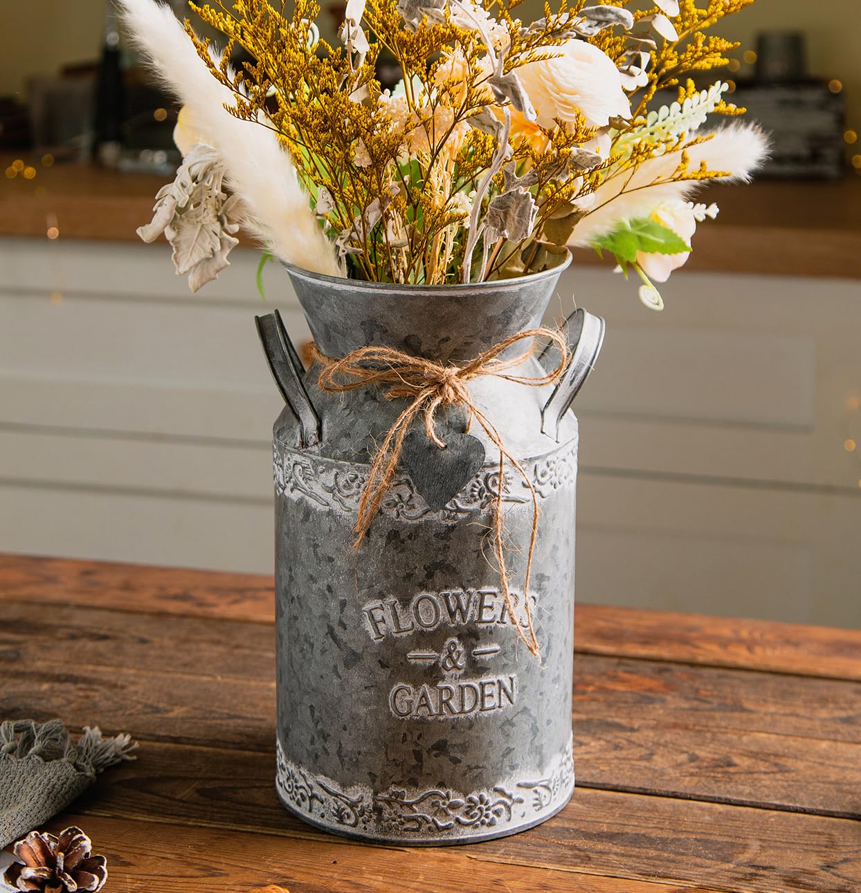 Vintage Galvanized Metal Flower Jug, Farmhouse Decorative Flower & Garden Pitcher Vase, Rustic Milk Can Jug Vase for Flowers,10.6'' H