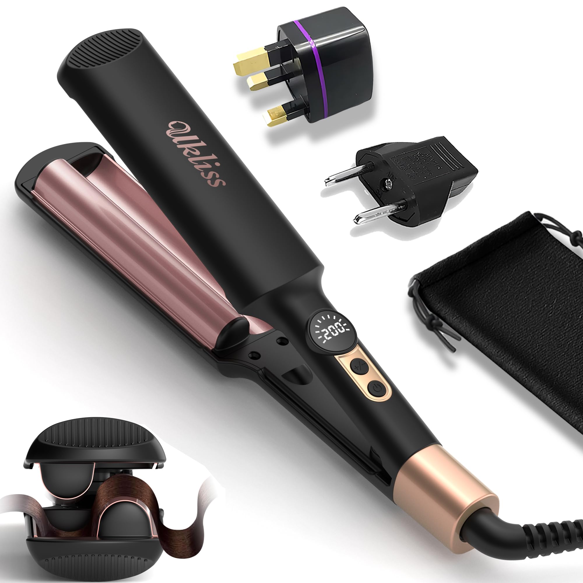 Photo 1 of Mini Waver Hair Tool Travel Crimper for Women Short Hair 0.4 inch Small Double Barrel S Waver Curling Iron Dual Voltage (110-240V) with European Plug Adapter, 5 Temps, Anti-scalding, Auto-Off (Black)