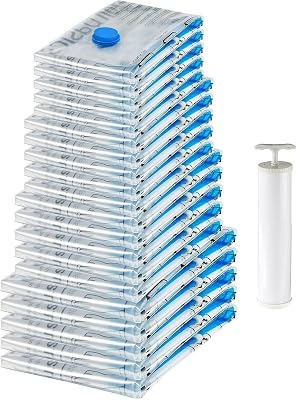 Housses de Rangement sous Vide avec Pompe Manuelle - (5 Taille S, 5 M, 5 L, 5 Jumbo), Fermeture éclair, Multiple, 20 pièces, 4 Lot de 5, Claire