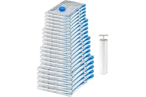 Amazon Basics Vacuum Compression Space Saving Storage Bags with Hand Pump for Travel, Multiple Sizes for Clothes and Blankets, Clear, 20 Pack (5 Small, 5 Medium, 5 Large & 5 Jumbo)