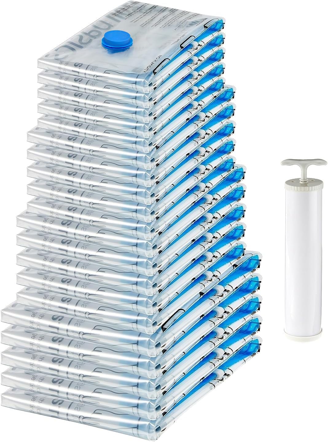 Photo 1 of Amazon Basics Vacuum Compression Space Saving Storage Bags with Hand Pump for Travel, Multiple Sizes for Clothes and Blankets, Clear, 20 Pack (5 Small, 5 Medium, 5 Large & 5 Jumbo)
