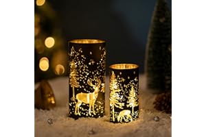 Glasseam Christmas Hurricane Candle Holder: 2 Pcs Black Candle Holders for Pillar Candles Cylinder Mercury Glass Candle Holder Reindeer Candle Holders for Table Centerpiece Thanksgiving Decorations