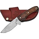 Knives Ranch Handmade Damascus Steel Full Tang 6-1/2" Overall Length Finger Groove Knife with Stabilized Rosewood Handle Fine Quality Horizontal/Cowboy Leather Sheath Snug Fit (3055-IRW)