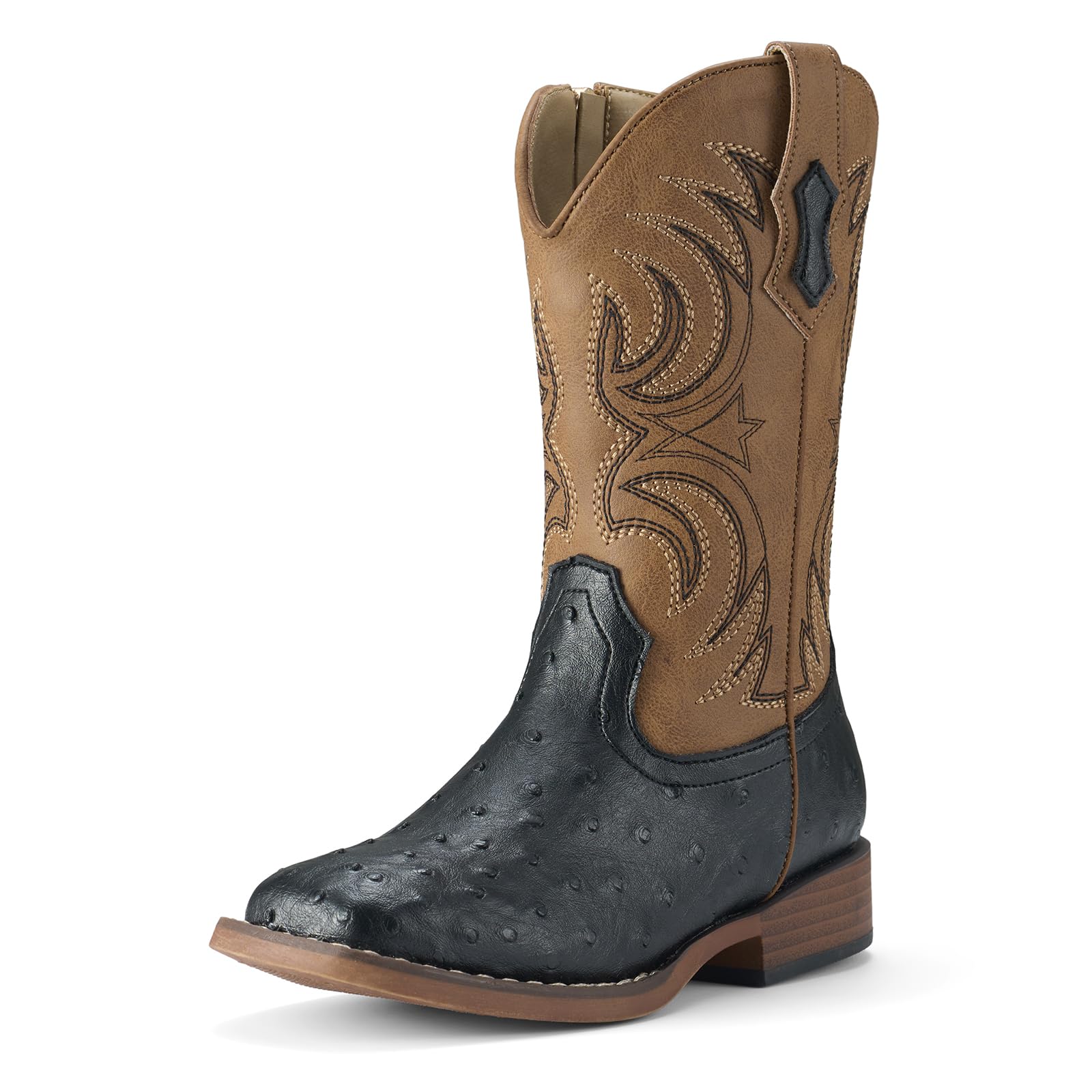 Photo 1 of Rollda Boys Cowboy Boots Girls Cowgirl Boots Ostrich Square Toe Kids Western Boots Black/Brown Little Kid Size 4
