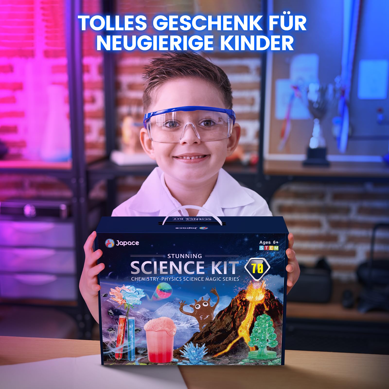 Japace 70 Experimente für Kinder, Wissenschaft Experimentierkasten Labor STEM Spielzeug 4-6-8-10-12 Jahre Geschenke für Jungen Mädchen, Chemie-Set, Kristalle Züchten, Vulkan, Gummiball 8