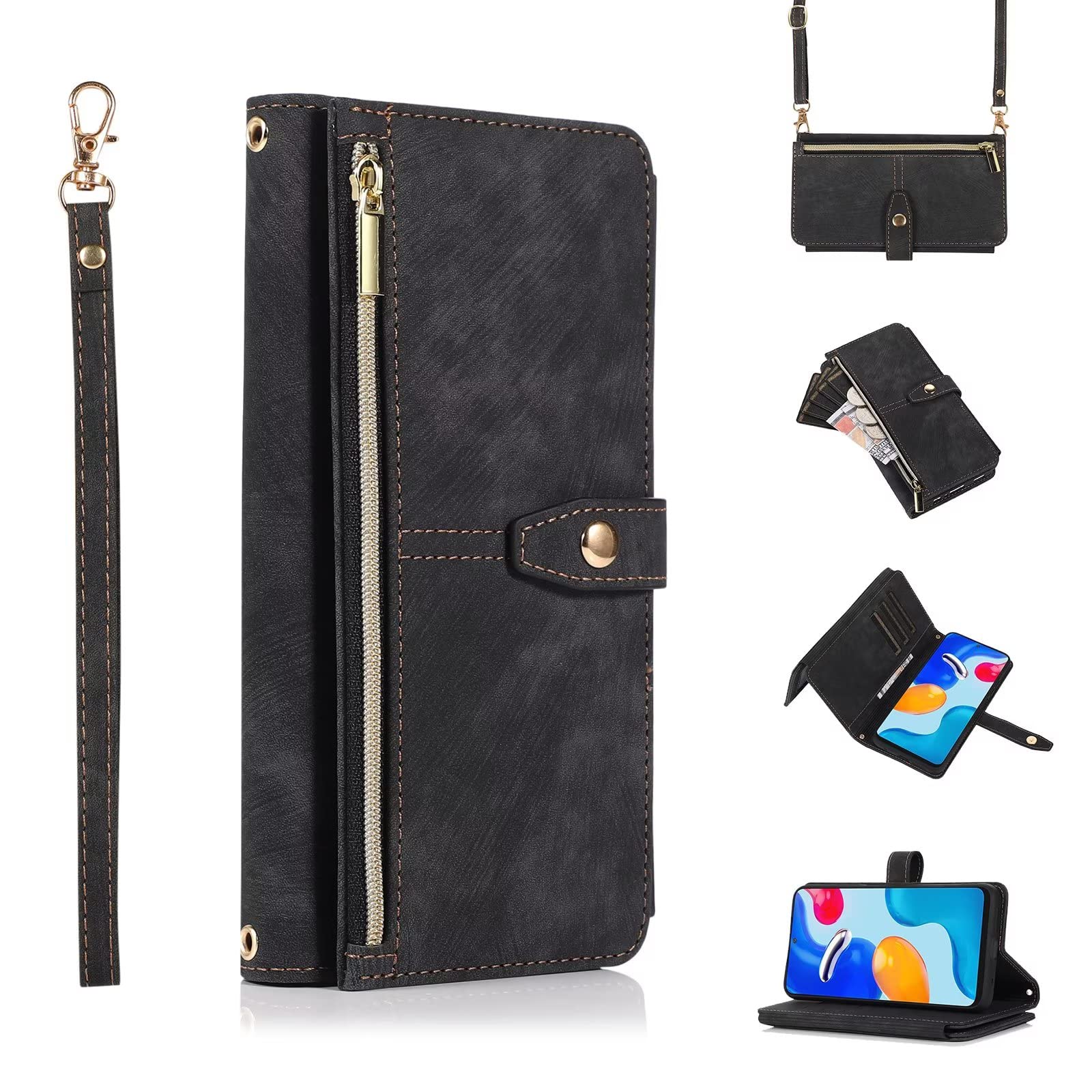 ESONG Case for Xiaomi Redmi Note 11 Pro 4G/5G,PU Leather Zipper Wallet Flip Magnetic Full Protection Shockproof Cover,Crossbody phone Case for Women[9 Card Slot/2 Coin Pouch/Kickstand],Black