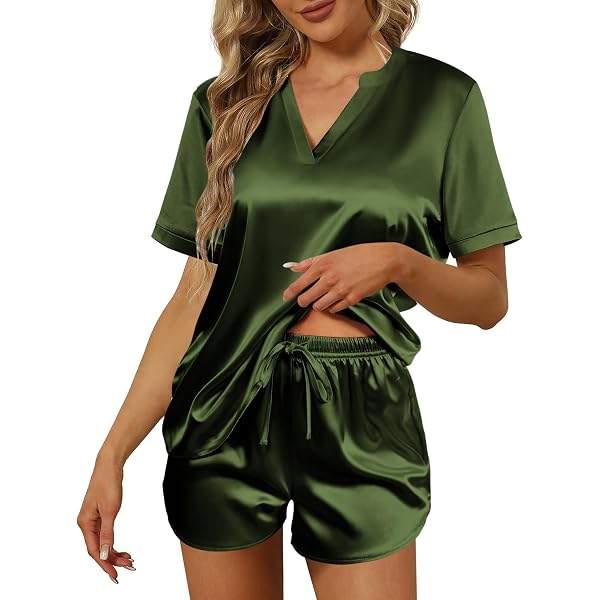 Delerain Women's Satin Pajama Set - Short Sleeve Top & Shorts, Button-Down Loungewear, XS-5XL