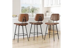Raynesys 24-Inch Leather Bar Stools Set of 3, Counter Height Barstools with High Backrest，Bar Chairs for Kitchen Island with Heavy Duty Metal Legs, Dark Brown