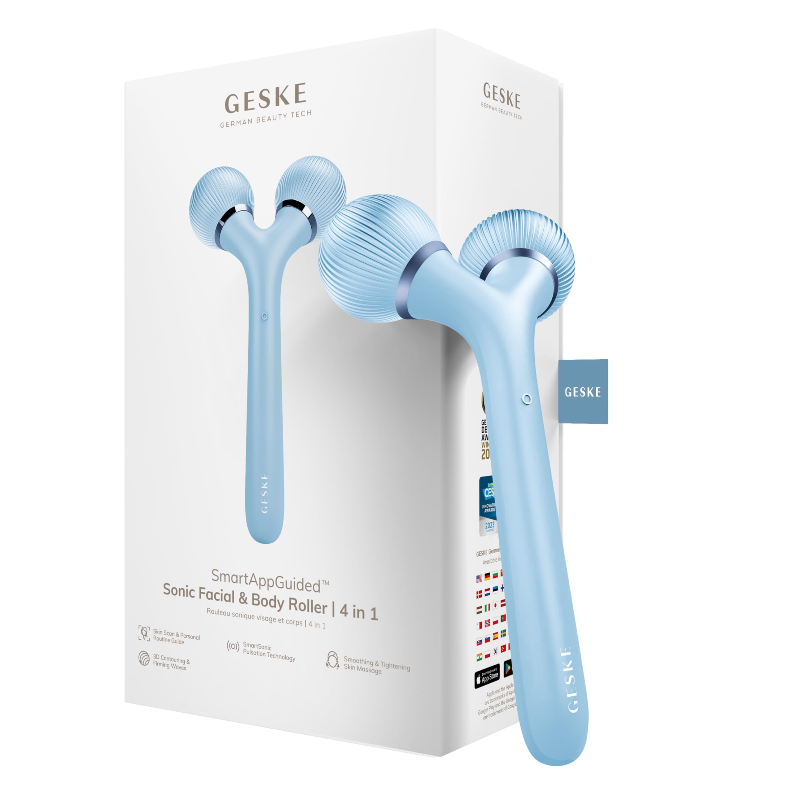 GESKE SmartAppGuided™ Sonic Facial & Body Roller | 4 in 1 | Derma Roller | Facial & Body | professional facial & body roller | for skincare and beauty routine