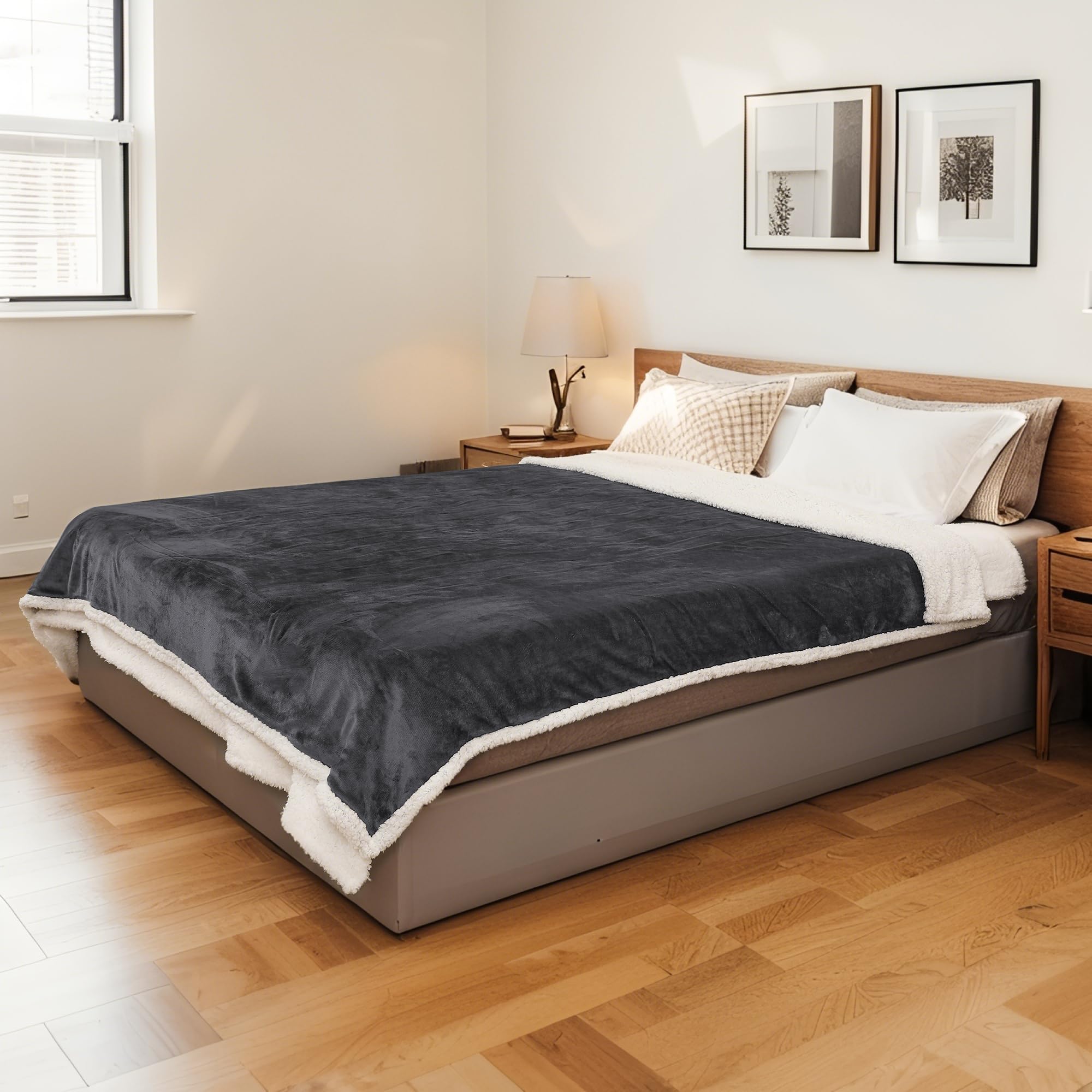 Photo 1 of Electric Heated Blanket Twin Size 62"x84" - Flannel & Sherpa Fabric Dual-Sided, 6 Heat Settings & 10 Hours Auto Off, Soft & Cozy Warming Throw for Home, Office, or Bed, Machine Washable, Iron Gray