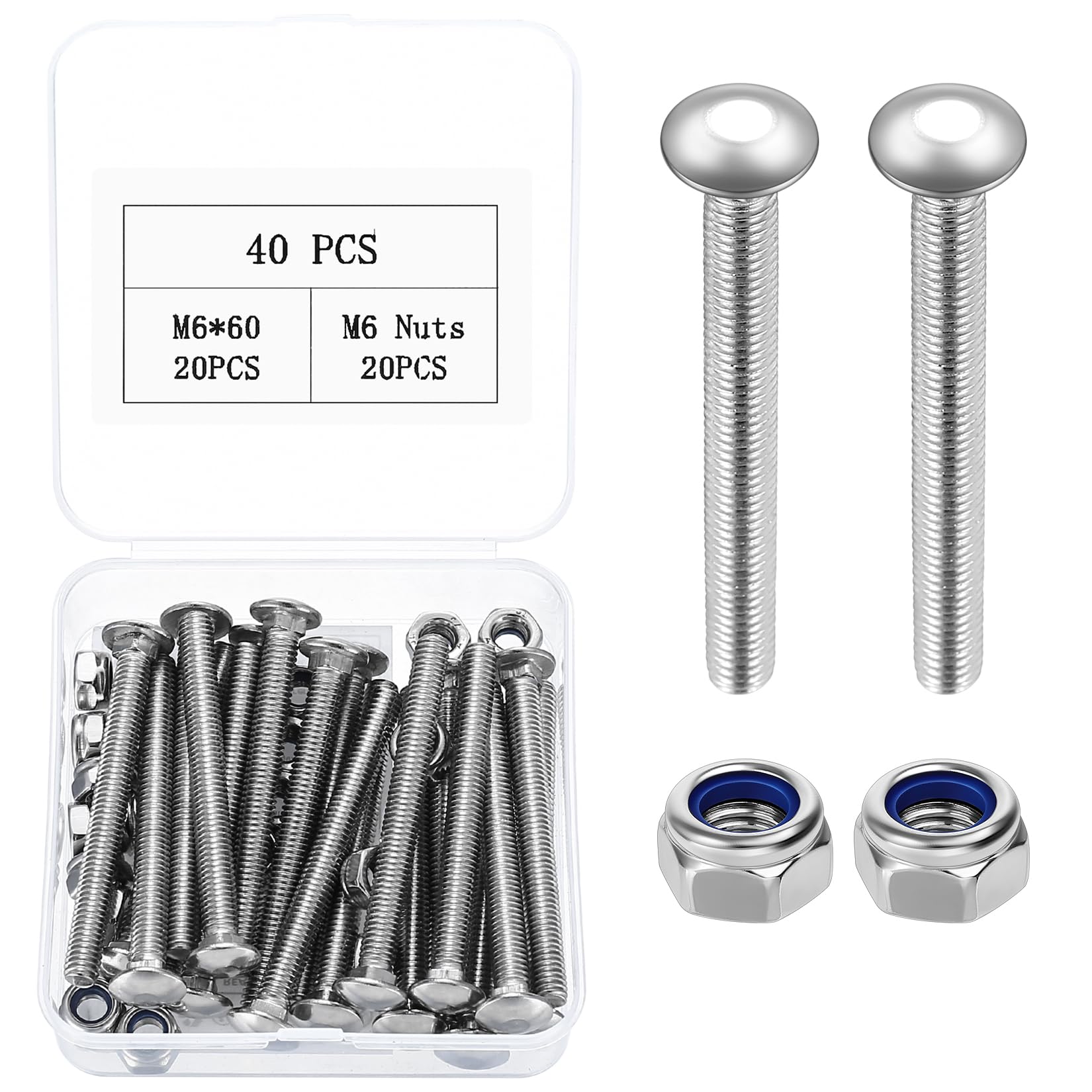 M6 Coach Bolts, 40 Pcs Cup Square Carriage Bolts and Nuts Set, M6 x 60mm Long Coach Screws with Hex Nuts, Carbon Steel