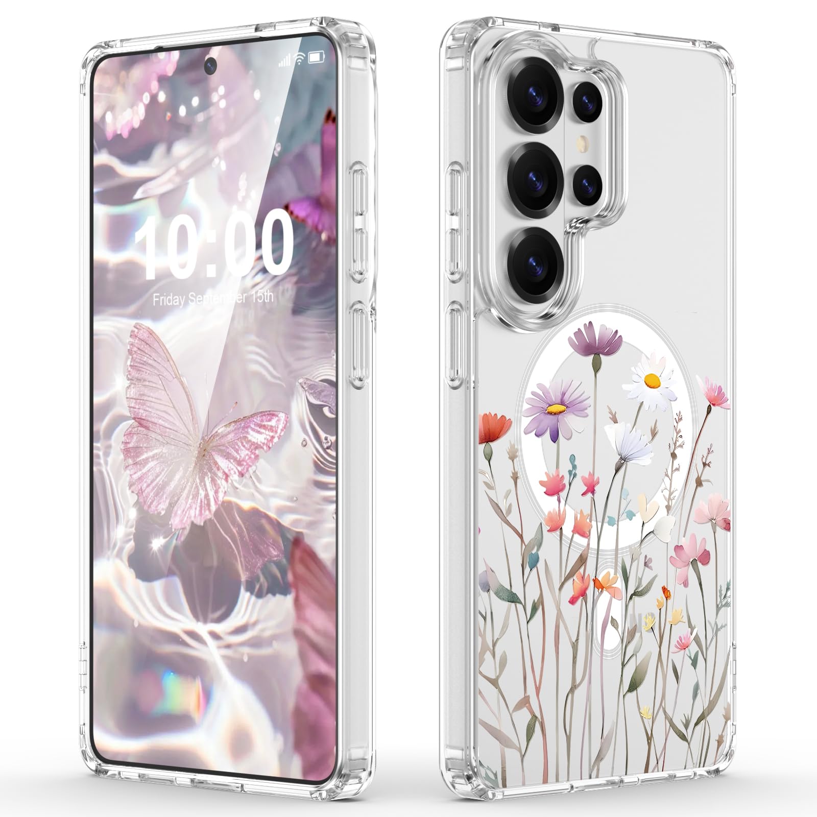SQMCase Designed for Samsung Galaxy S26 Ultra Case Magnetic Clear with Flower Pattern Shockproof Protective Phone Case Cover for Women Girls