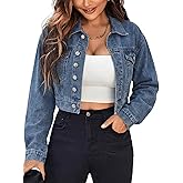 EMMIOL Cropped Denim Jacket for Women Vintage, Oversized Jean Jacket Distressed Dark Wash, Baggy Short Coat