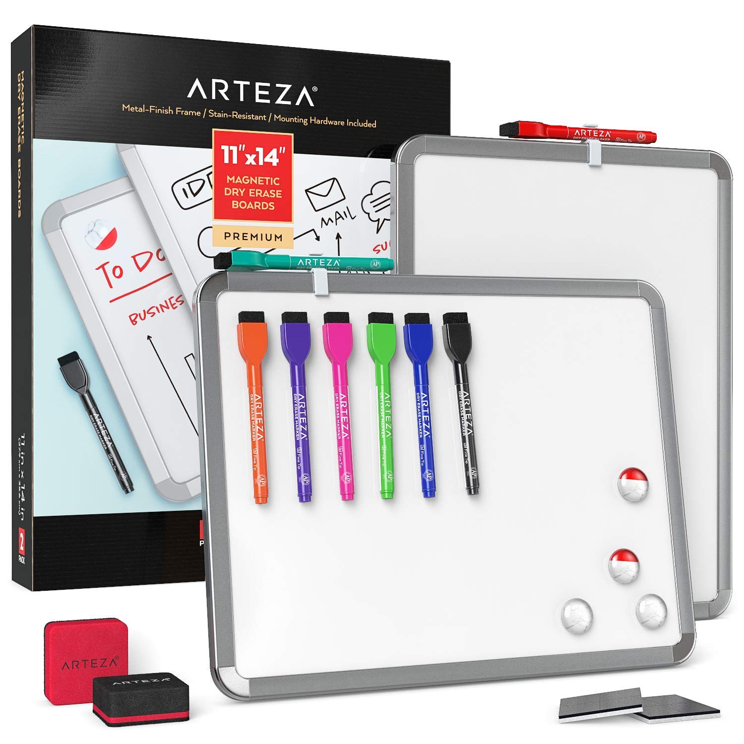 Arteza Framed Magnetic Whiteboard Set, 11x14 inches, 2-Pack Dry Erase Lap Boards with Markers & Magnets for School, Home, Office, Planning, Brainstorming, & Projects
