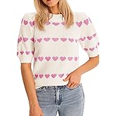 Saodimallsu Womens Heart Striped Sweaters Valentines Puff Short Sleeve Sweaters Cute Lightweight Knit Crewneck Tops