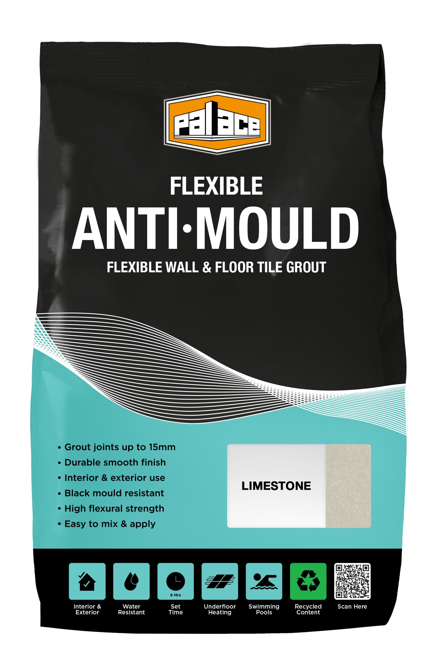 Palace Anti-Mould Tile Grout Limestone 3KG - Water-Resistant Grout for Bathroom & Kitchen Wall and Floor Tiles