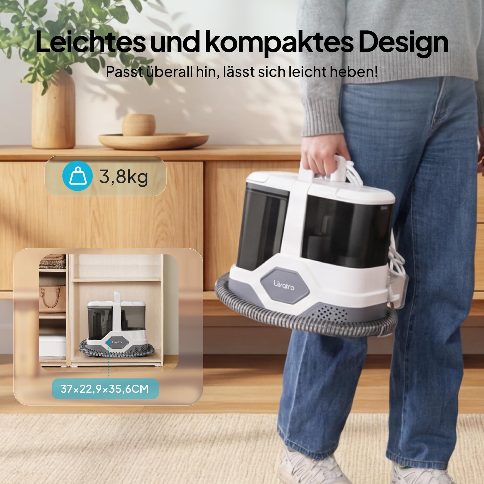 Livatro Polsterreiniger Gerät [600W Profi-Motor] Tragbarer Teppichreiniger Waschsauger 16KPa, Abnehmbarer 2,3L Tanks, Selbstreinigung, Nasssauger für Auto, Sofa, Matratze & Haustier - Schnelltrocknung 8