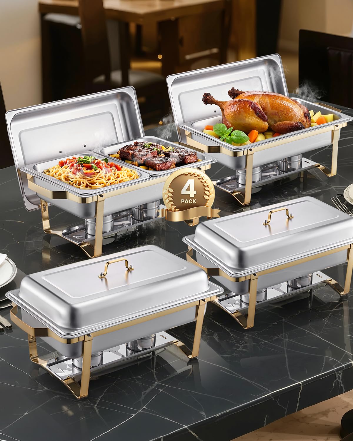 Photo 1 of *** FOR PARTS/MISSING ASSEMBLY HARDWARE & HANDLES*** VEVOR Chafing Dish Buffet Set, 8 Qt 4 Pack, Stainless Steel Chafer with 2 Full Size and 4 Half Size Pans, Rectangle Catering Warmer Server with Lid Water Pan Stand, for Weddings Parties Banquets, Gold