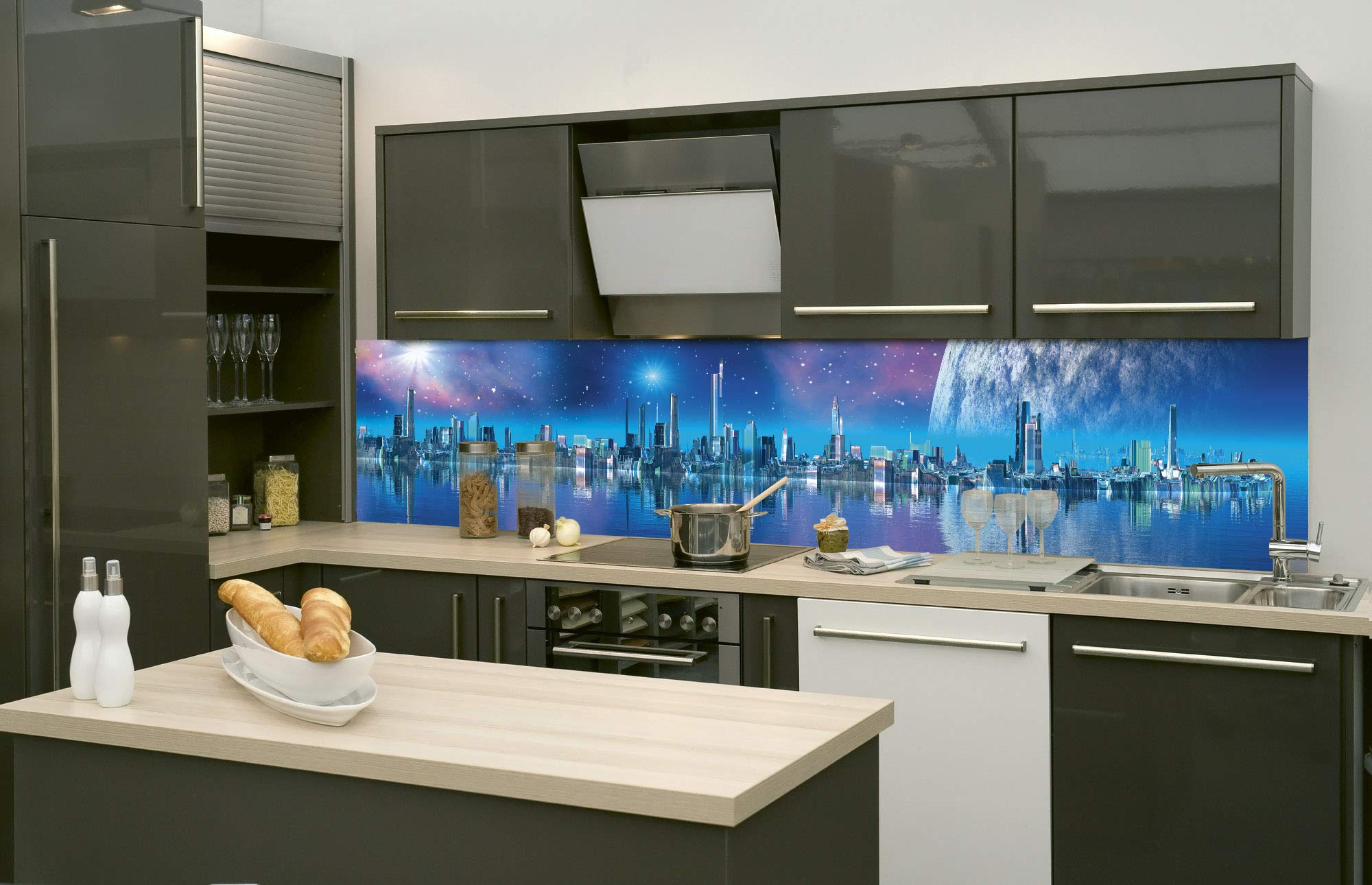 DIMEX LINE Peel and Stick Kitchen Backsplash Sticker Futuristic City | Waterproof Decorative Wall Foil for Kitchen | Made in EU - 260.00 × 60.00 cm