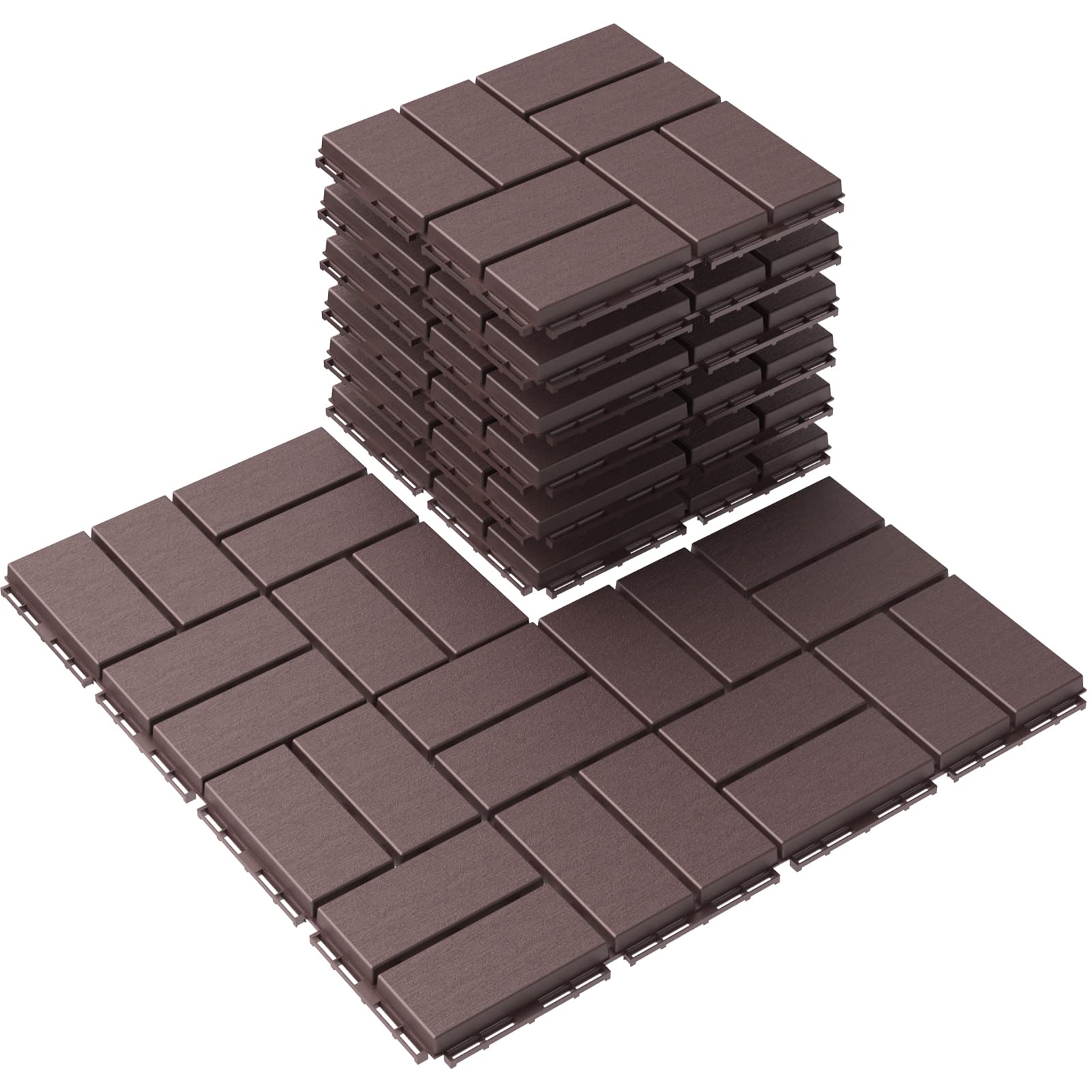 Photo 1 of Goovilla Plastic Interlocking Deck Tiles, 9 Pack Outdoor Patio Flooring, 12"x12" Interlocking Decking Tile Outdoor All Weather Use, Waterproof Patio Pavers for Pool Balcony Backyard Porch, Dark Brown