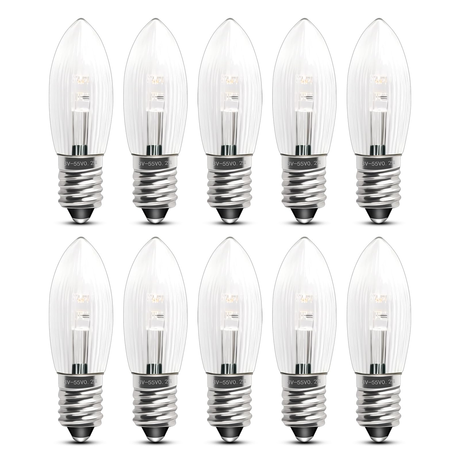 Akynite E10 0.2W LED Candle Arch Bridge Bulbs AC 8-55V, Christmas Spare Bulbs Dimmable, Candle Replacement Light Bulbs, Warm White 2200K Mini Screw E10 LED Candlestick Fairy Lights, 10pcs