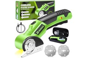R RUCKERCO Cordless Electric Scissors Box Cutter 2 Rotary Blades – 4V Duty Rechargeable Cardboard Cutter, Storage Box & Fabric Scissor With Safety Lock, USB Cable – For Plastic, Carpet, Leather, DIY Crafts