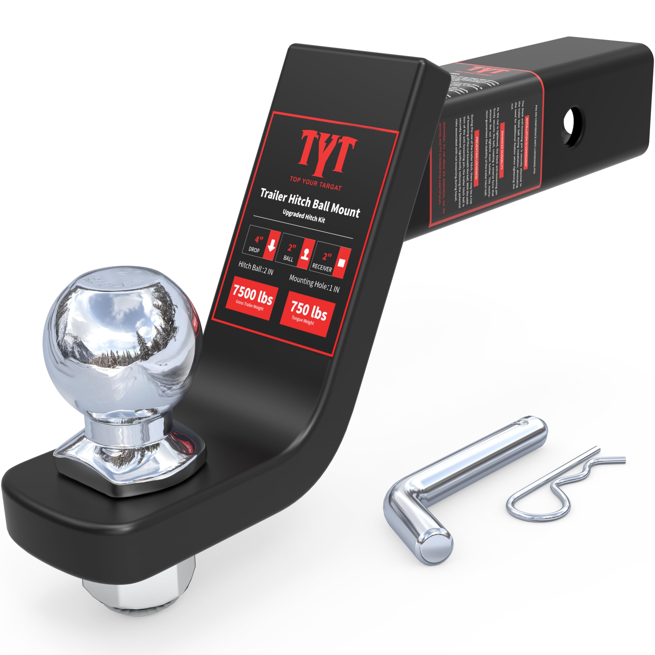 TYT Trailer Hitch Ball Mount Kit, 4-Inch Drop, Fits 2-Inch Receiver, 2-Inch Trailer Ball with 5/8" Hitch Pin Clip, Rated 7,500 lbs GTW / 750 lbs TW Image