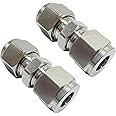 Closmos 304 Stainless Steel Compression Tube Fitting Union with Double Ferrules 1/2" OD x 1/2" OD, Pack of 2