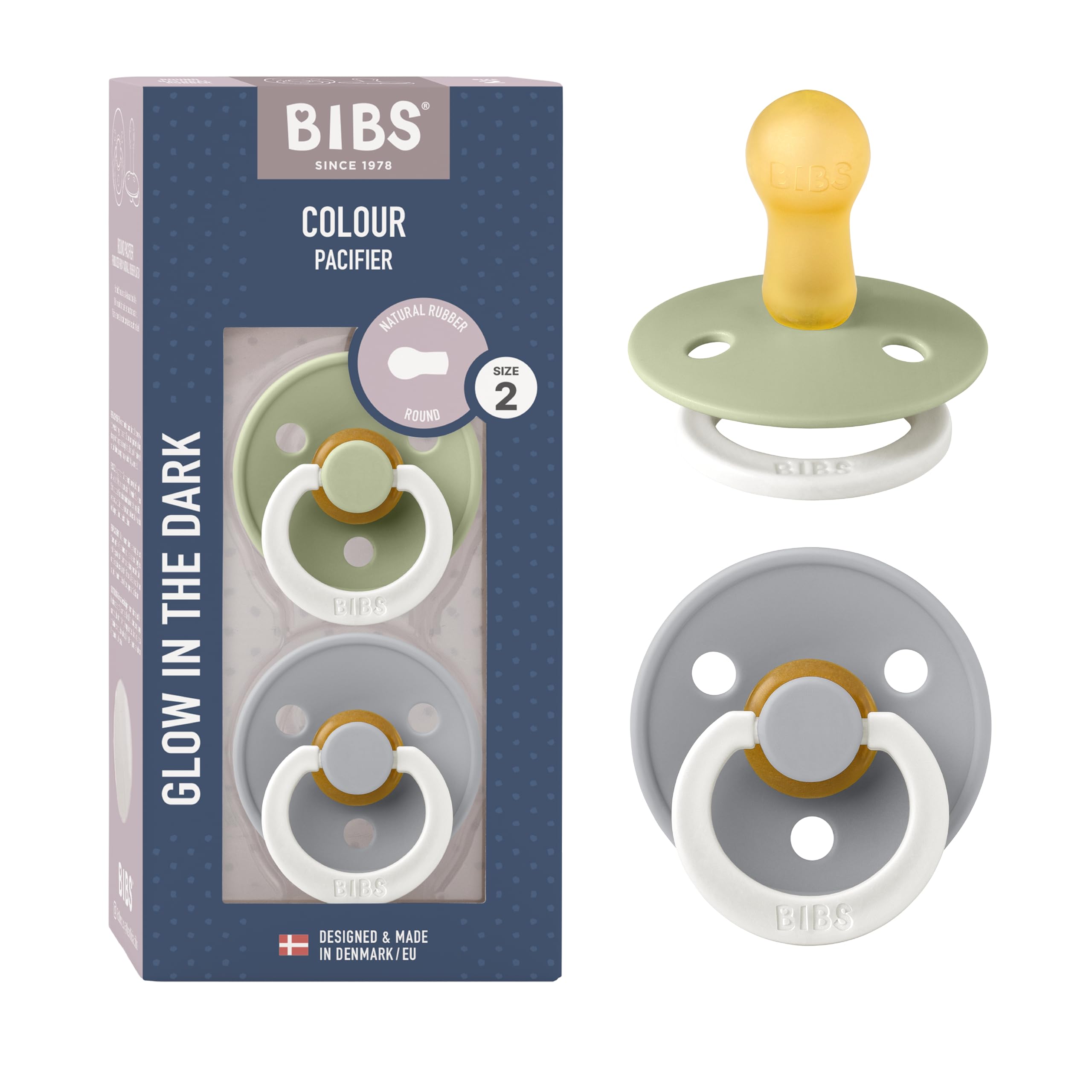 BIBS Colour Glow Soother 2-Pack, Glow in The Dark BPA Free Dummy Pacifier, Round Nipple. Natural Rubber Latex, Size 2 (6-18 Months), Sage Night/Cloud Night
