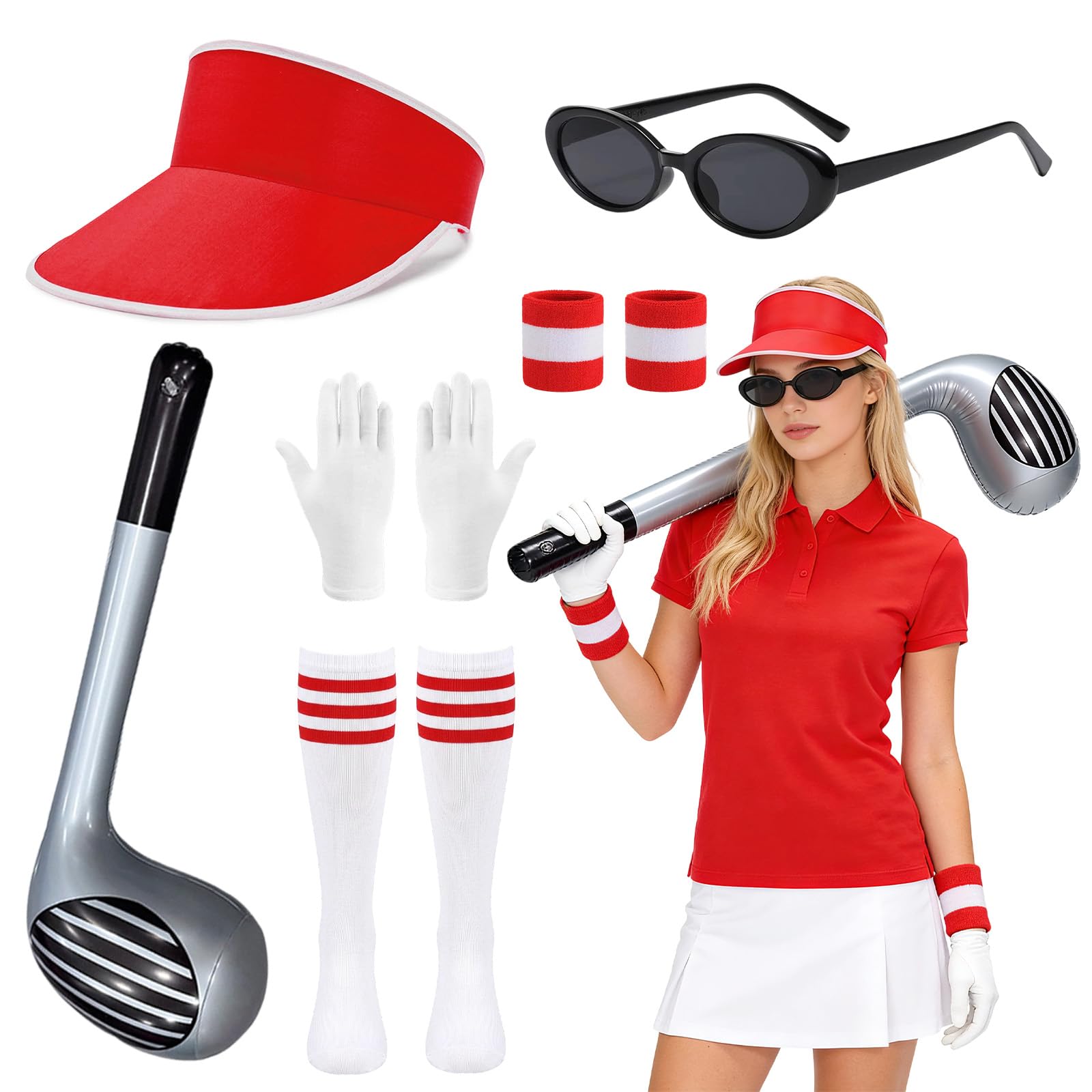 6Pcs Golf Fancy Dress Costume Accessories, Pub Golf Accessories Include Red Visor, Sunglasses, White Gloves, Wristband, Knee-high Socks, Inflatable Golfs Club for Sporting Golf Themed Party Pub Night