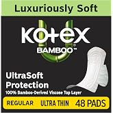 Kotex Bamboo Ultra Thin Pads, Wings, Regular, 48 Count | Luxuriously Soft, Breathable Soft Touch Cover, Made without Fragrance, Gravity Core, 5X System with LeakShield Protection