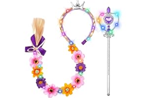 DUDUCOFU Princess Accessories with LED Lights for Little Girls, Glowing Braided Wig with Tiara Wand Toys for Girls Gift 3 4 5 6 7 8
