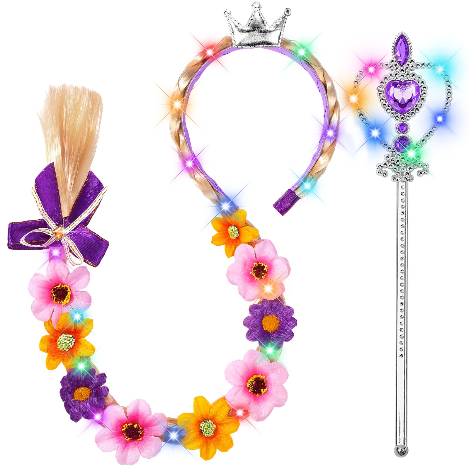 Photo 1 of DUDUCOFU Princess Accessories with LED Lights for Little Girls, Glowing Braided Wig with Tiara Wand Toys for Girls Gift 3 4 5 6 7 8