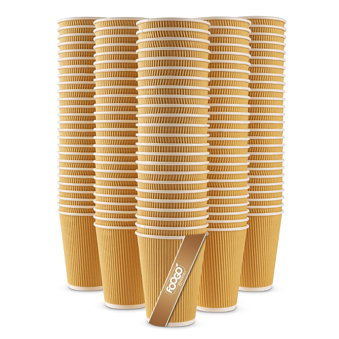 FOOGO Green 50pcs 12oz Disposable Strong Triple-Wall Brown Paper Coffee Cups, FSC® Certified, Fully Compostable, for Hot Drinks, Heat-Resistant Ripple Design, Takeaway Coffee Cups, Party