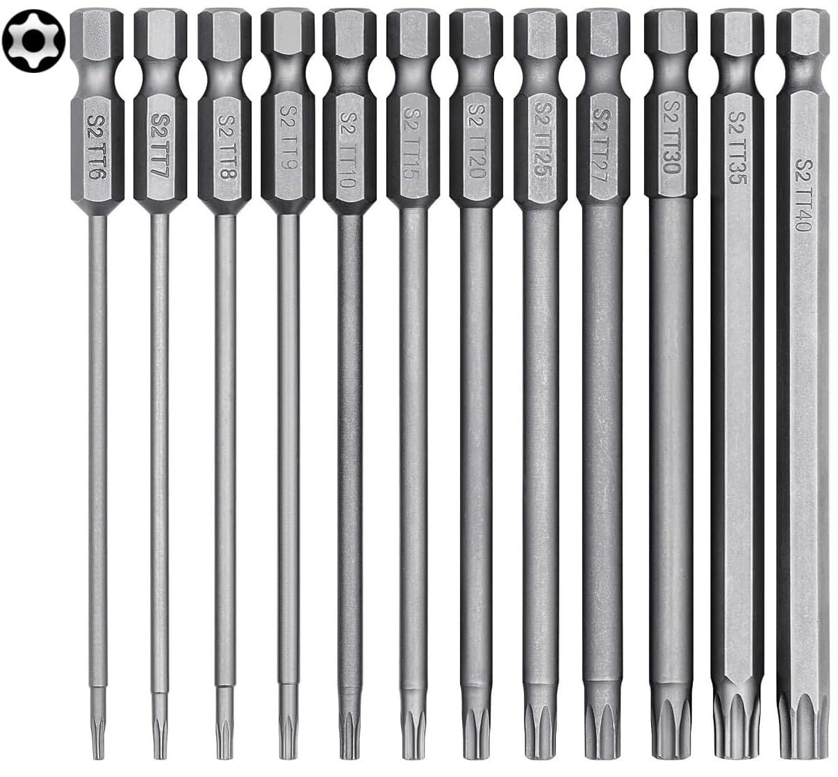 YUHIAKE 12-Piece Torx Bit Set Long with Hole, T6-T40 100 mm Length, Screwdriver Bit Set, Magnetic, 1/4 Inch Hex Shank