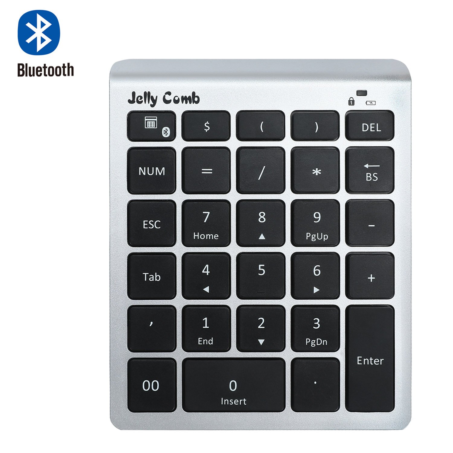 Bluetooth Number Pad — Jelly Comb N019 Bluetooth Numeric Keypad Portable Full Size 28-Key Keypad with Multiple Shortcuts for Data Entry Laptop, Tablet, Surface Pro and More(Black and Silver)