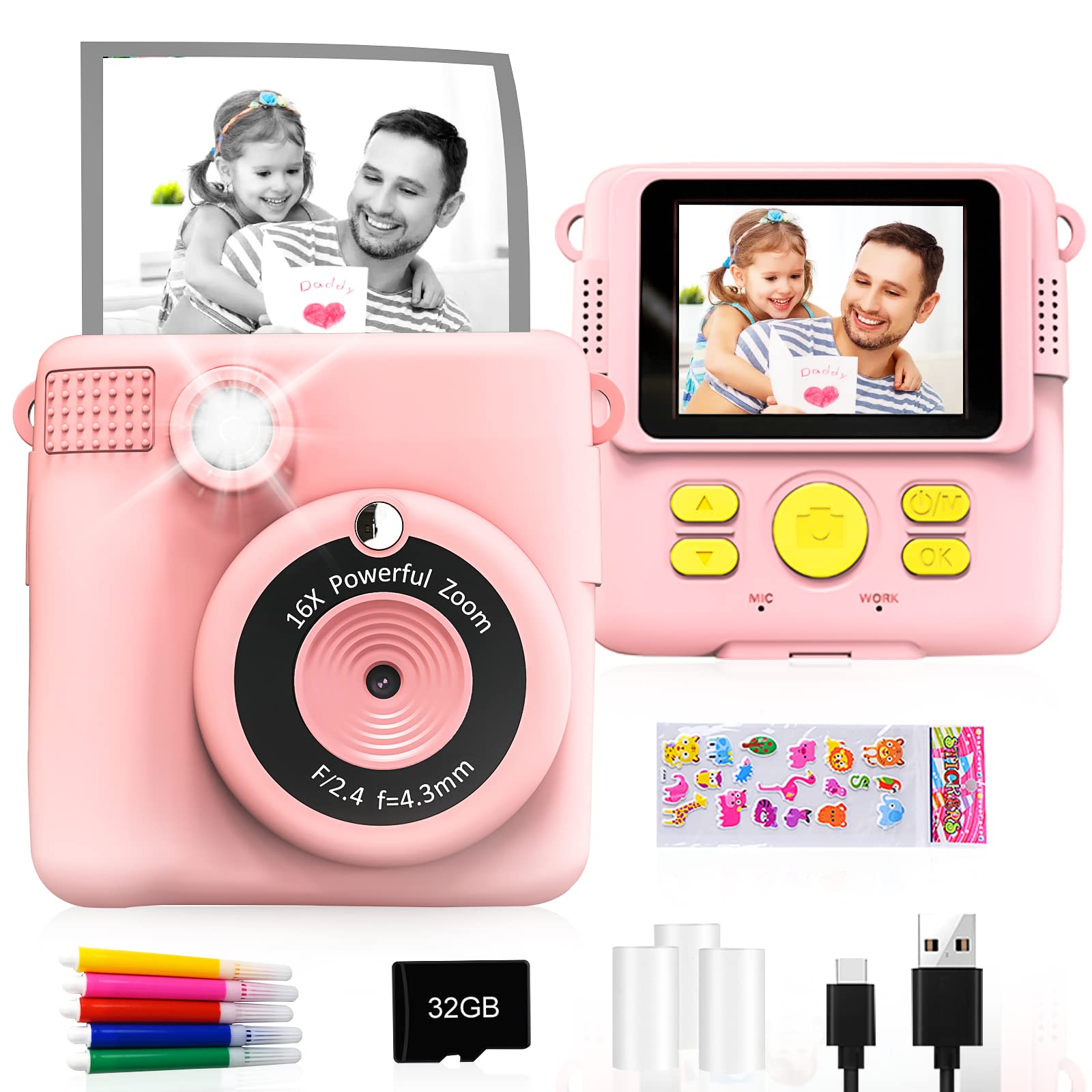GKTZ Instant Print Camera for Kids - 1080P HD Instant Print Photo - Christmas Birthday Gifts for Age 4 5 6 7 8 9 10 Girls Boys - Portable Toy with 3 Rolls Photo Paper, 5 Color Pens, 32GB Card - Pink