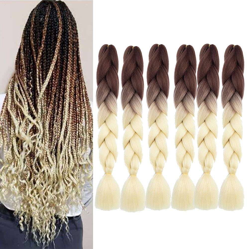 brown blonde ombre braiding hair extension 6packs Jumbo Braids Hair Extensions 24inch synthetic hair extension For Women Girls Kids Festivals, Vacations Or Daily Wear (brown to blonde)