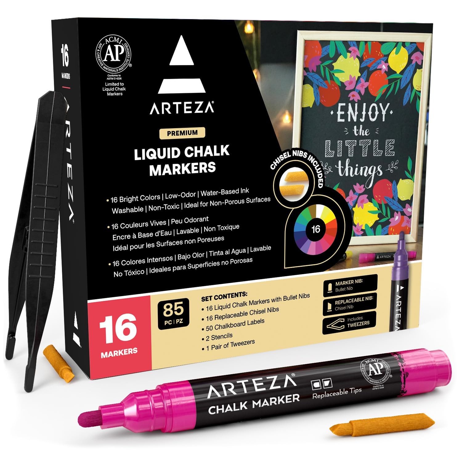 ARTEZA Liquid Chalk Pens, 16 Unique Colours: 50 Chalkboard Labels, 16 Replaceable Tips, Tweezers, and 2 Sticky Stencils, for Blackboards, Windows
