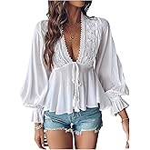 SweatyRocks Women's Lace Long Sleeve Peplum Top Tie Front Blouses V Neck Lantern Shirts