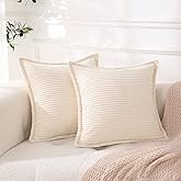 Linecooo Corduroy Cream White Throw Pillow Covers Set of 2 Striped Boho Decorative with Edge Design,Super Soft Throw Pillow Cushion Covers for Couch Sofa Living Room Solid Square 18×18inch/45cm×45cm