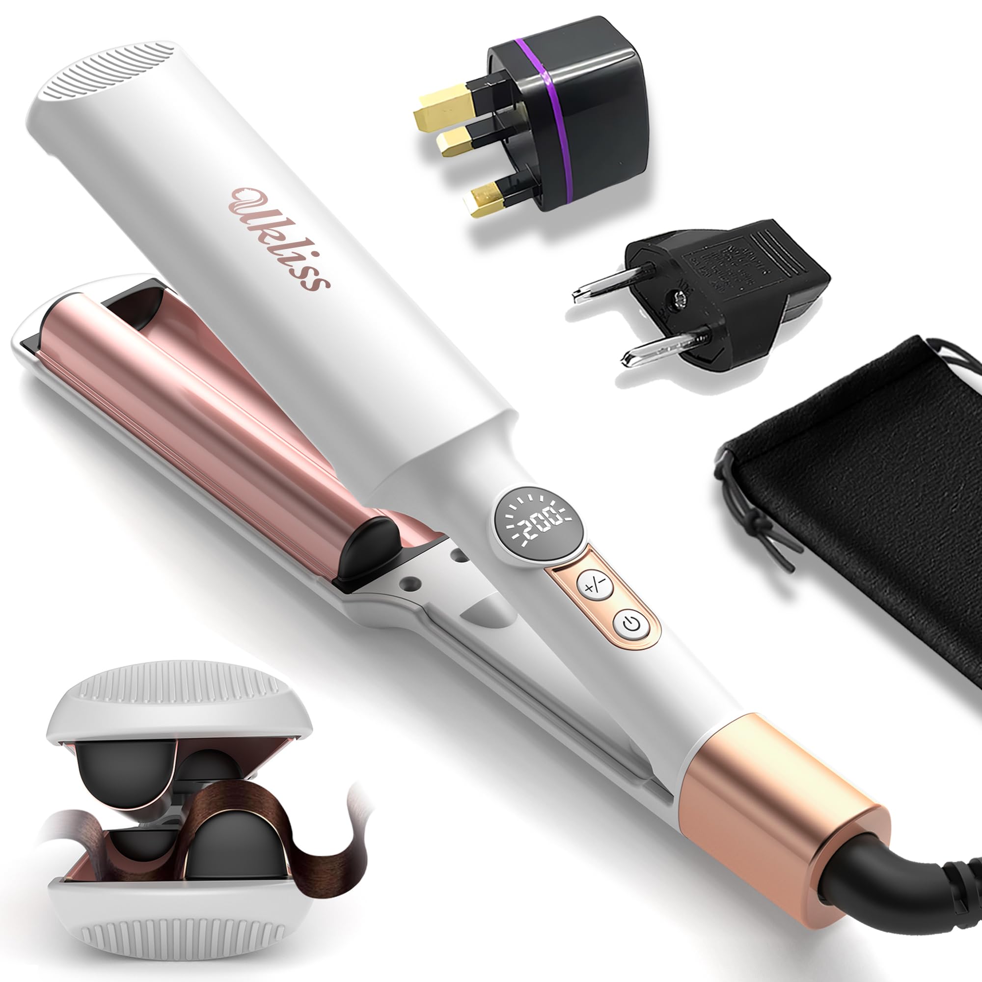 Photo 1 of Travel Waver Hair Tool Mini Crimper for Women Short Hair 0.4 inch Small Double Barrel S Waver Curling Iron Dual Voltage (110-240V) with European Plug Adapter, 5 Temps, Anti-scalding, Auto-Off (White)