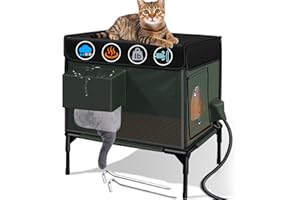 LUBLACET Heated Cat House for Outside Cat Insulated in Winter,Fully Waterproof,with Adjustable Awning,Escape Door,Indoor Outdoor Cat Shelter for Feral Stray Barn Cat to Stay Warm & Dry,Dark Green,S-13x17x20in