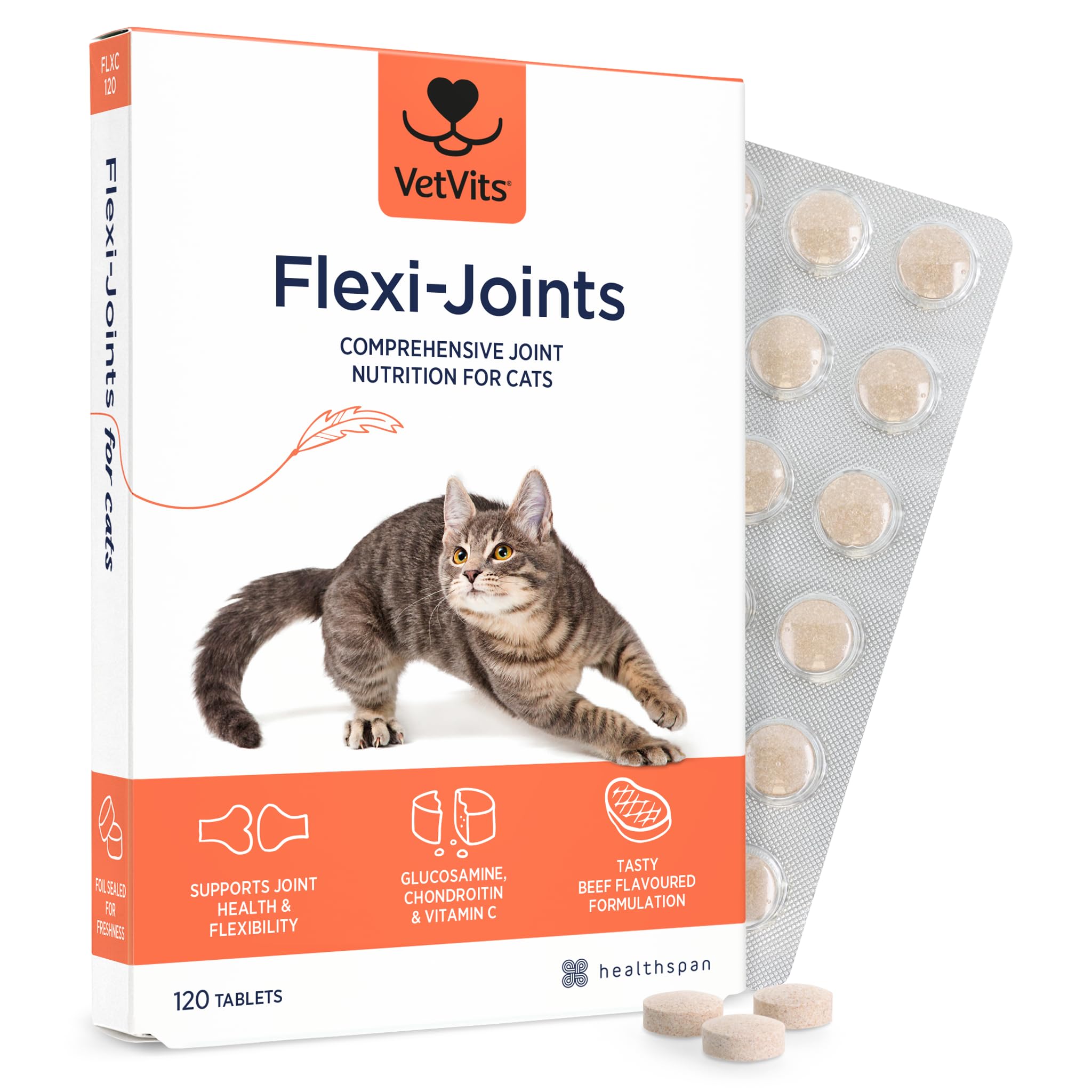 Vetvits by Healthspan Flexi-Joints For Cats (4 months' supply) | Advanced Blend of Glucosamine & Chondroitin to support your cat's joint health | With Vitamins C & E | Tasty beef flavoured
