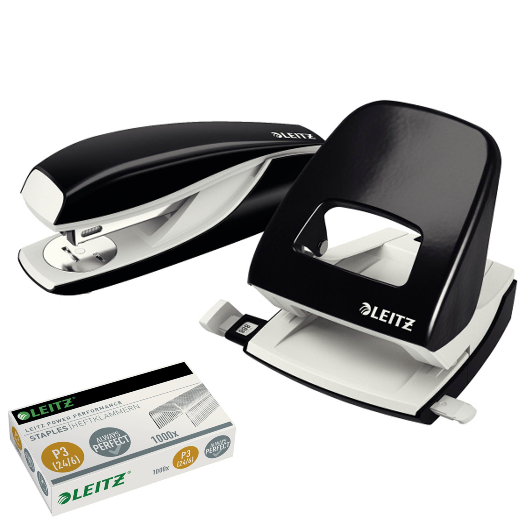 Leitz 5008 NeXXt Series Metal Office Hole Punch, up to 30 Sheets/Combo Set with Stapler + 1000 Extra Staples (Black)